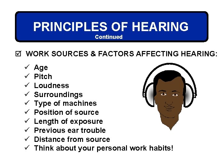 PRINCIPLES OF HEARING Continued þ WORK SOURCES & FACTORS AFFECTING HEARING: ü ü ü