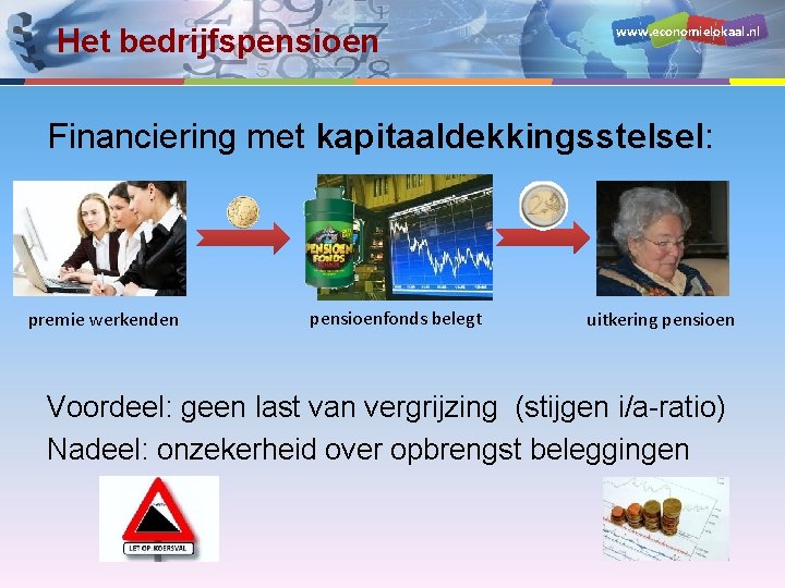 Het bedrijfspensioen www. economielokaal. nl Financiering met kapitaaldekkingsstelsel: premie werkenden pensioenfonds belegt uitkering pensioen