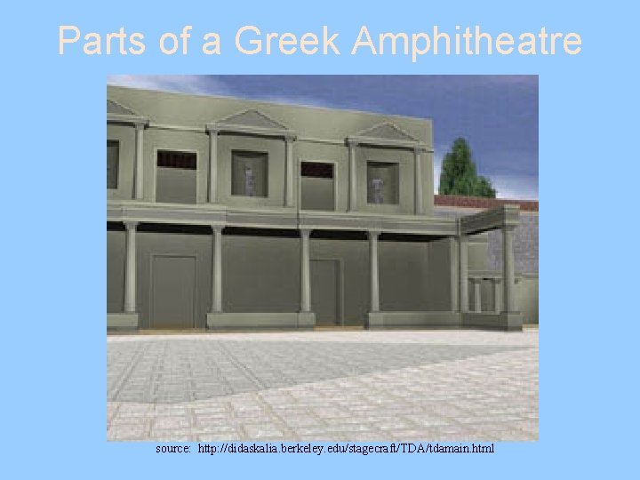 Parts of a Greek Amphitheatre source: http: //didaskalia. berkeley. edu/stagecraft/TDA/tdamain. html 