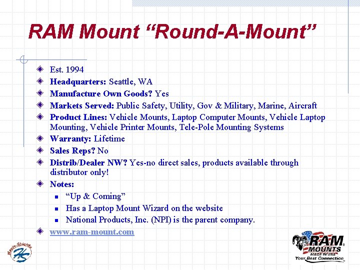 RAM Mount “Round-A-Mount” Est. 1994 Headquarters: Seattle, WA Manufacture Own Goods? Yes Markets Served: