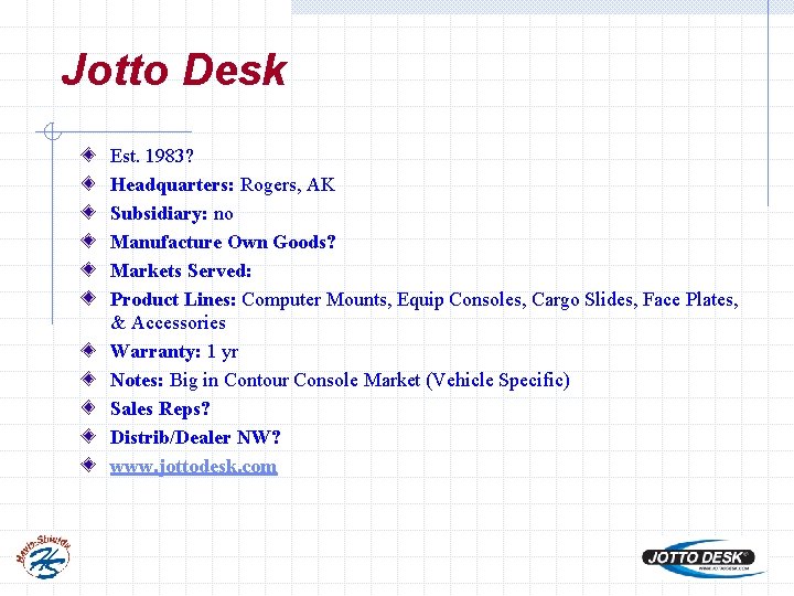 Jotto Desk Est. 1983? Headquarters: Rogers, AK Subsidiary: no Manufacture Own Goods? Markets Served: