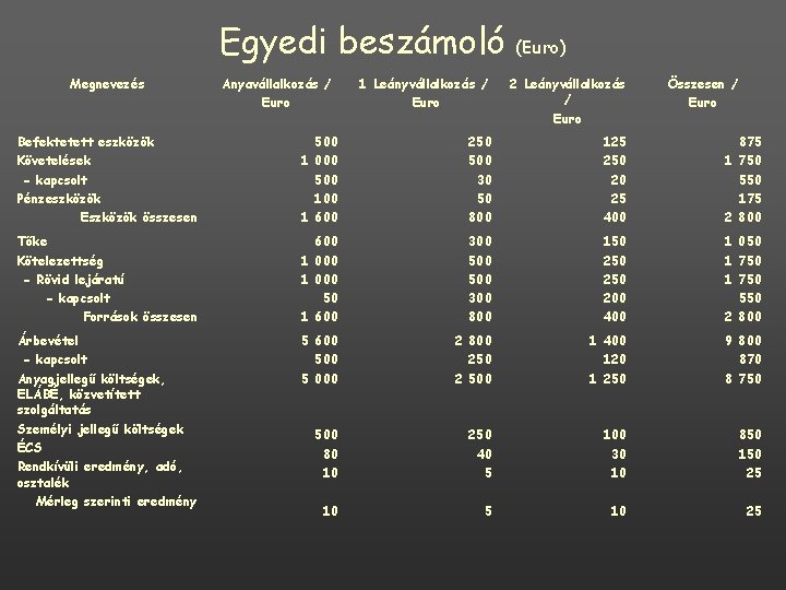Egyedi beszámoló Megnevezés Anyavállalkozás / Euro 1 Leányvállalkozás / Euro (Euro) 2 Leányvállalkozás / Egyedi beszámoló Megnevezés Anyavállalkozás / Euro 1 Leányvállalkozás / Euro (Euro) 2 Leányvállalkozás /