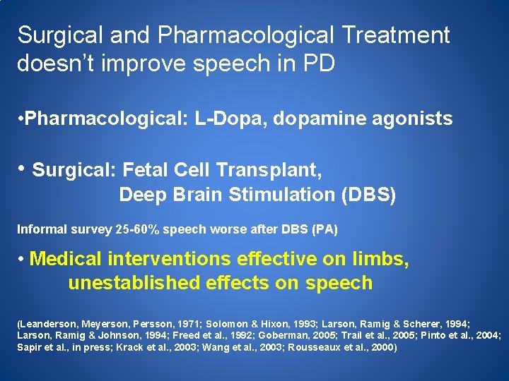 Surgical and Pharmacological Treatment doesn’t improve speech in PD • Pharmacological: L-Dopa, dopamine agonists