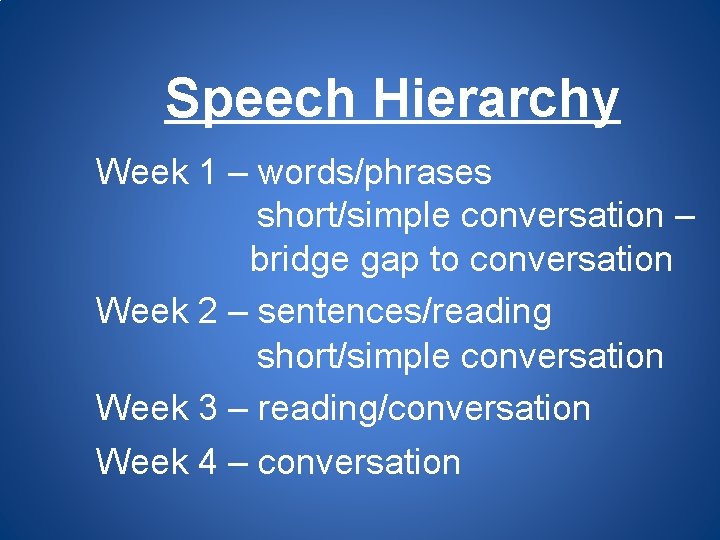 Speech Hierarchy Week 1 – words/phrases short/simple conversation – bridge gap to conversation Week