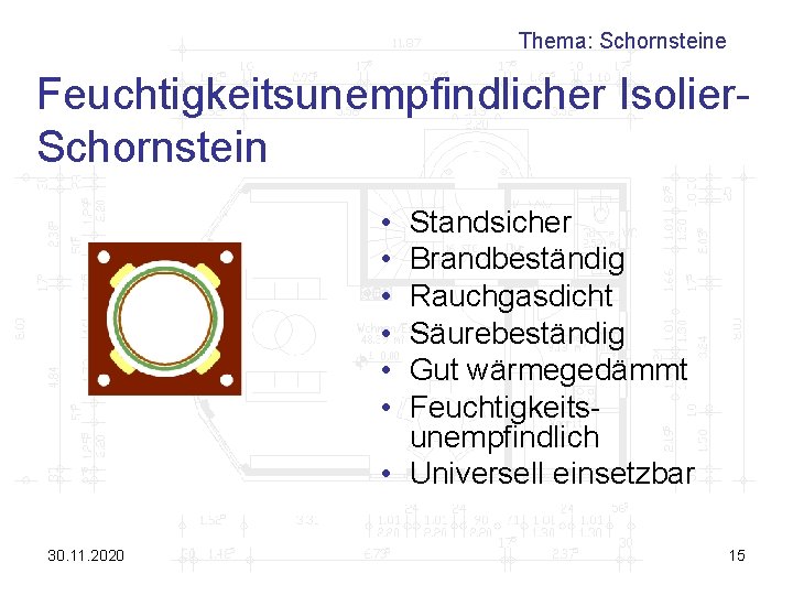 Thema: Schornsteine Feuchtigkeitsunempfindlicher Isolier. Schornstein • • • Standsicher Brandbeständig Rauchgasdicht Säurebeständig Gut wärmegedämmt