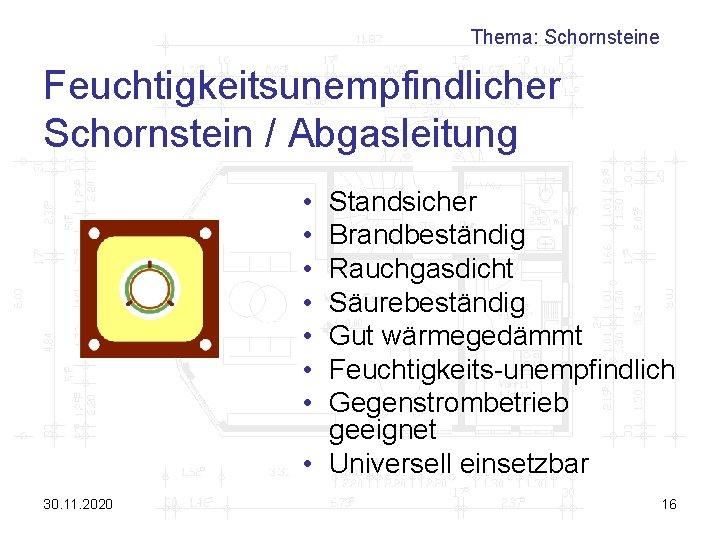 Thema: Schornsteine Feuchtigkeitsunempfindlicher Schornstein / Abgasleitung • • Standsicher Brandbeständig Rauchgasdicht Säurebeständig Gut wärmegedämmt