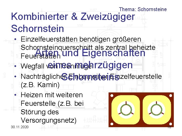 Thema: Schornsteine Kombinierter & Zweizügiger Schornstein • Einzelfeuerstätten benötigen größeren Schornsteinquerschnitt als zentral beheizte