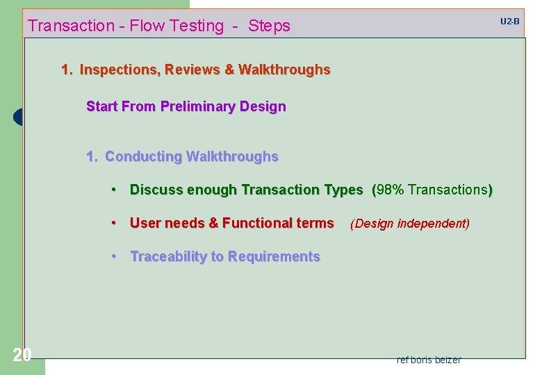 Transaction - Flow Testing - Steps U 2 -B 1. Inspections, Reviews & Walkthroughs