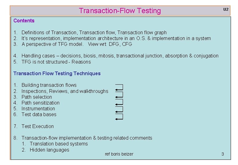 Transaction-Flow Testing U 2 Contents 1. Definitions of Transaction, Transaction flow graph 2. It’s