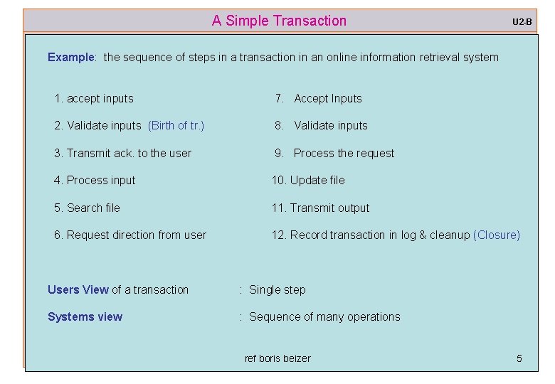 A Simple Transaction U 2 -B Example: the sequence of steps in a transaction