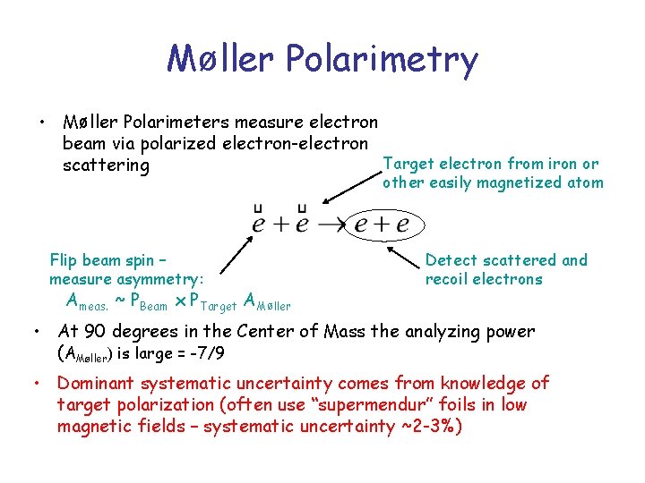 Møller Polarimetry • Møller Polarimeters measure electron beam via polarized electron-electron Target electron from