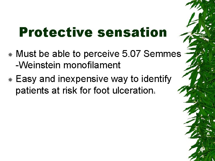 Protective sensation Must be able to perceive 5. 07 Semmes -Weinstein monofilament Easy and