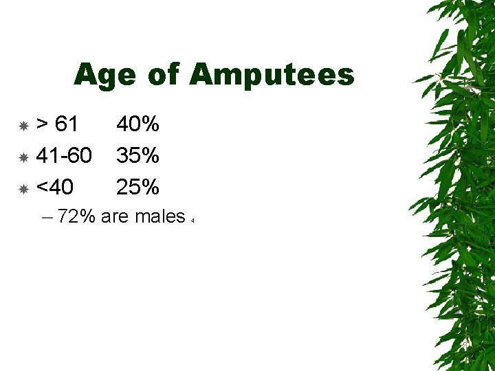 Age of Amputees > 61 41 -60 <40 40% 35% 25% – 72% are