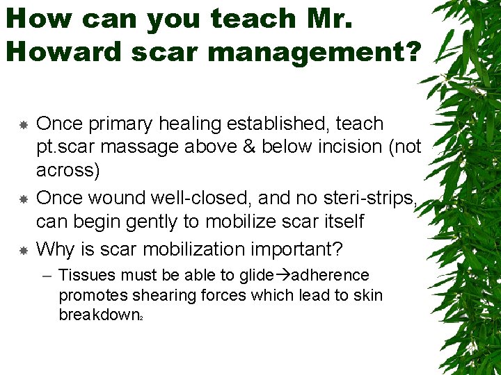 How can you teach Mr. Howard scar management? Once primary healing established, teach pt.