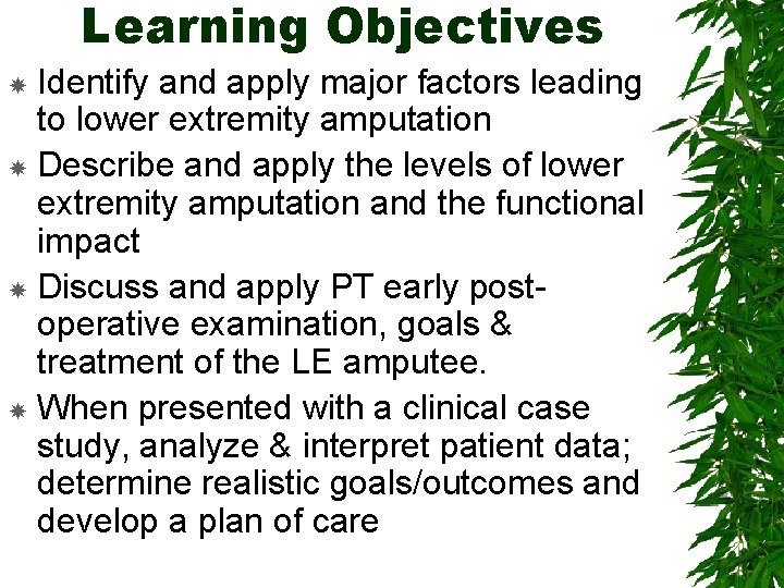 Learning Objectives Identify and apply major factors leading to lower extremity amputation Describe and