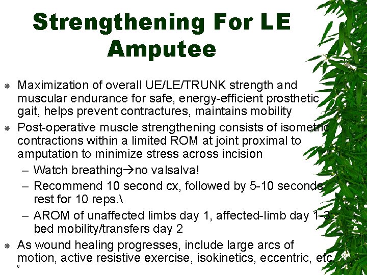 Strengthening For LE Amputee Maximization of overall UE/LE/TRUNK strength and muscular endurance for safe,