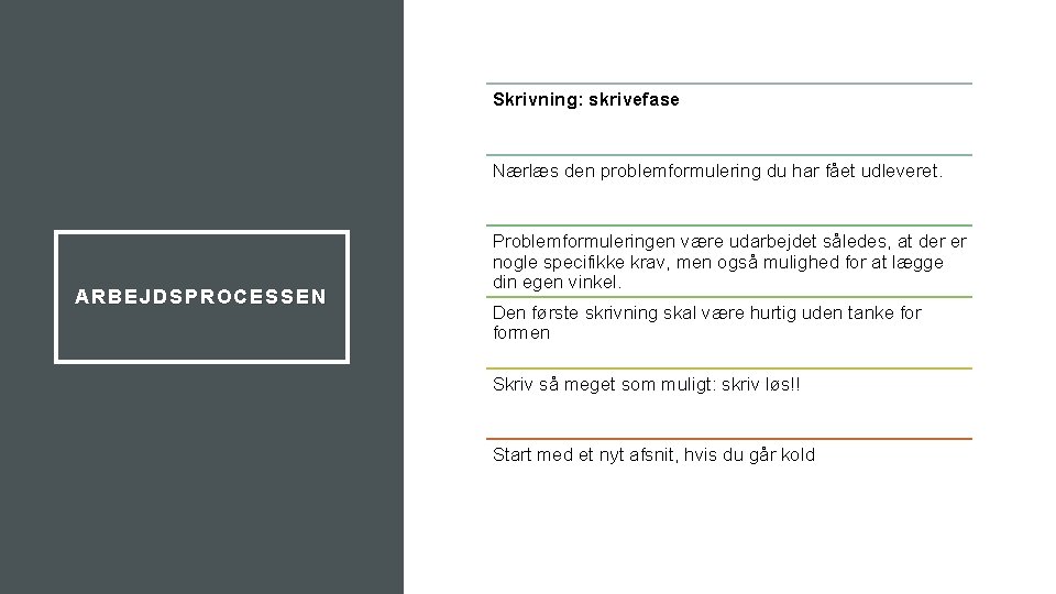 Skrivning: skrivefase Nærlæs den problemformulering du har fået udleveret. ARBEJDSPROCESSEN Problemformuleringen være udarbejdet således,