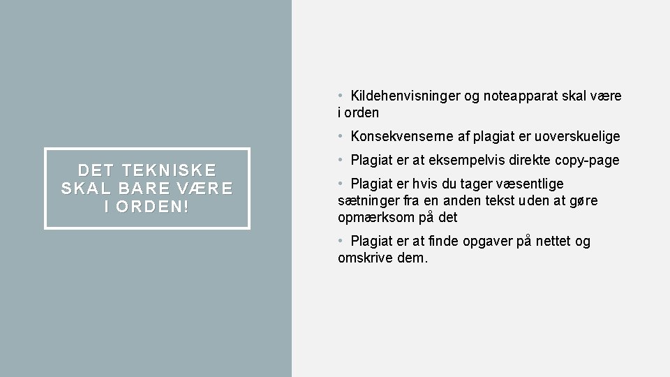  • Kildehenvisninger og noteapparat skal være i orden • Konsekvenserne af plagiat er