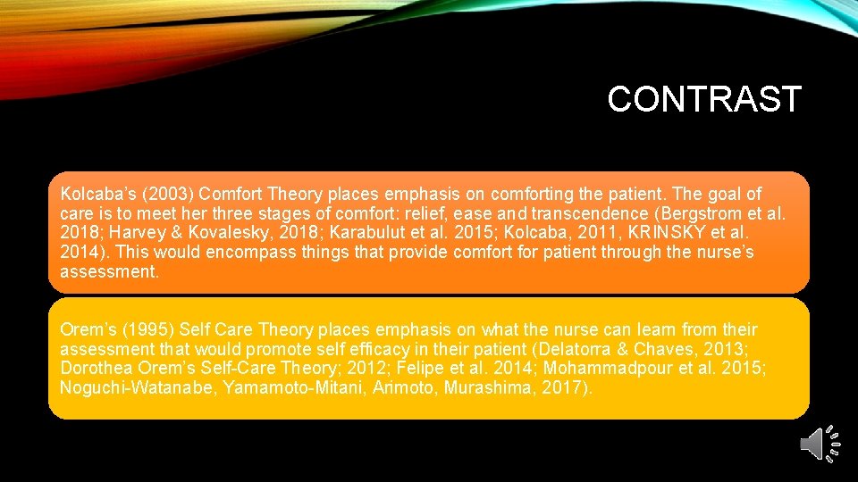 CONTRAST Kolcaba’s (2003) Comfort Theory places emphasis on comforting the patient. The goal of CONTRAST Kolcaba’s (2003) Comfort Theory places emphasis on comforting the patient. The goal of