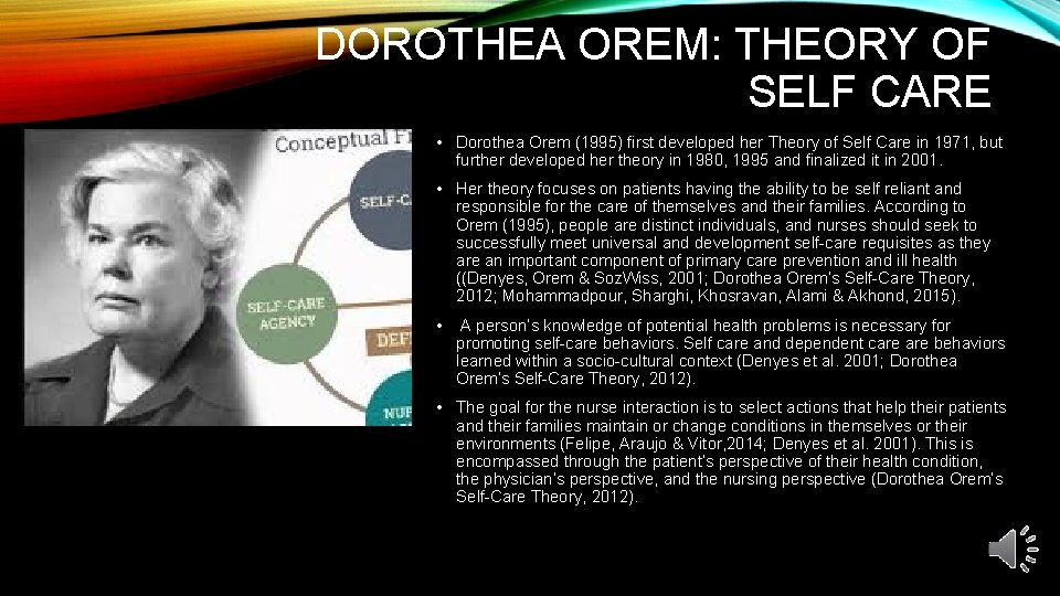 DOROTHEA OREM: THEORY OF SELF CARE • Dorothea Orem (1995) first developed her Theory DOROTHEA OREM: THEORY OF SELF CARE • Dorothea Orem (1995) first developed her Theory