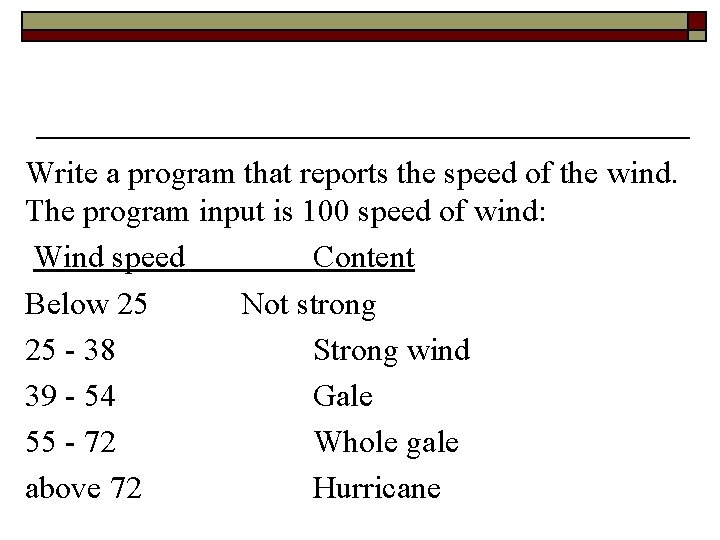 Write a program that reports the speed of the wind. The program input is