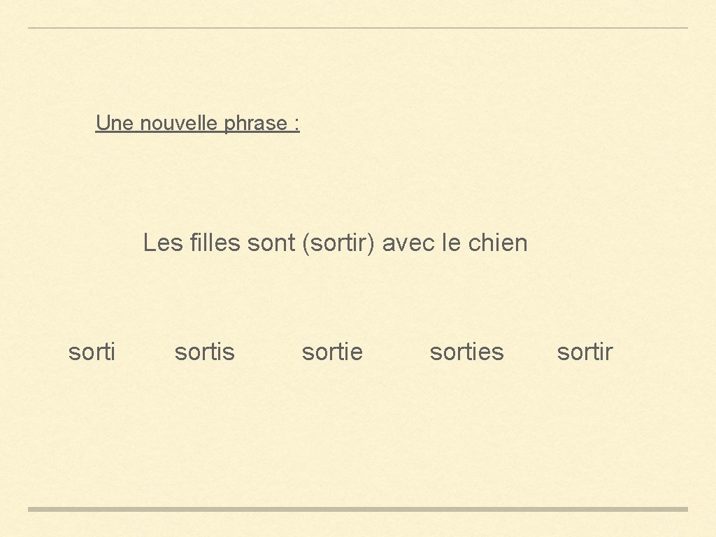 Une nouvelle phrase : Les filles sont (sortir) avec le chien sortis sorties sortir