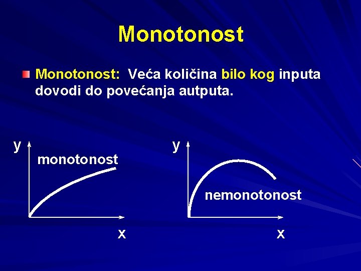 Monotonost: Veća količina bilo kog inputa dovodi do povećanja autputa. y monotonost y nemonotonost