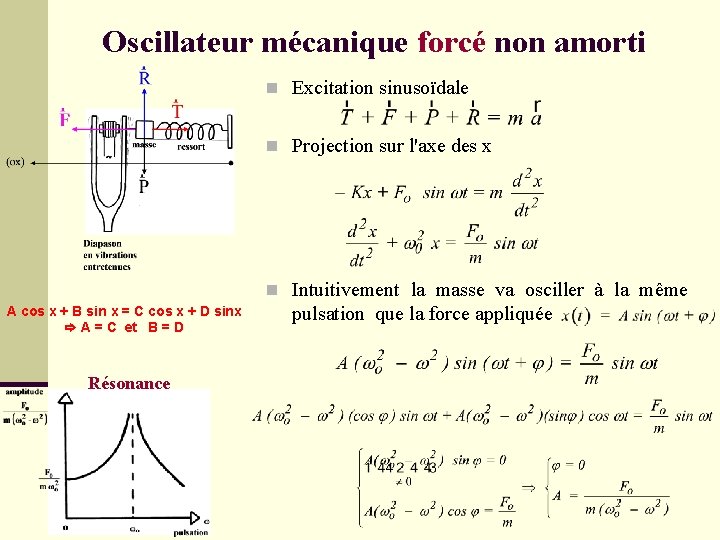 Oscillateur mécanique forcé non amorti n Excitation sinusoïdale n Projection sur l'axe des x
