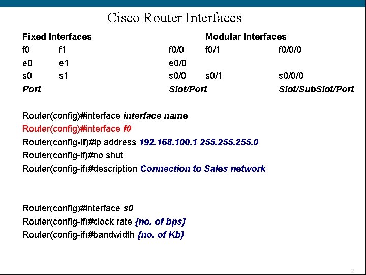 Cisco Router Interfaces Fixed Interfaces f 0 f 1 e 0 e 1 s