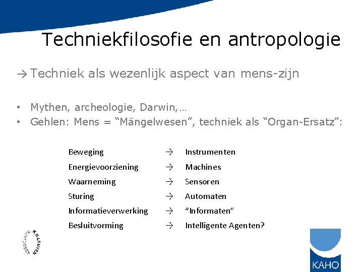 Techniekfilosofie en antropologie → Techniek als wezenlijk aspect van mens-zijn • Mythen, archeologie, Darwin,