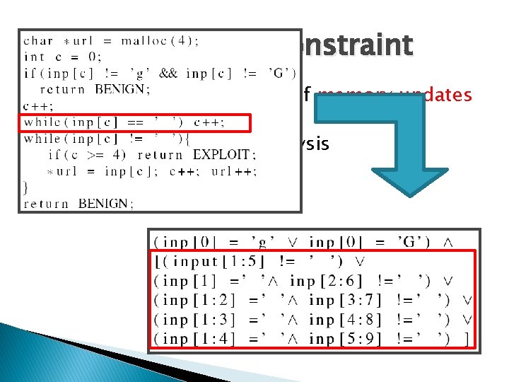 TM -> Symbolic Constraint � Statically estimate effects of memory updates and loops �