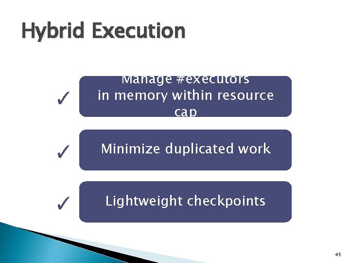 Hybrid Execution ✓ Manage #executors in memory within resource cap ✓ Minimize duplicated work