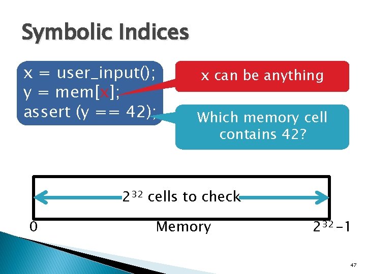 Symbolic Indices x = user_input(); y = mem[x]; assert (y == 42); x can