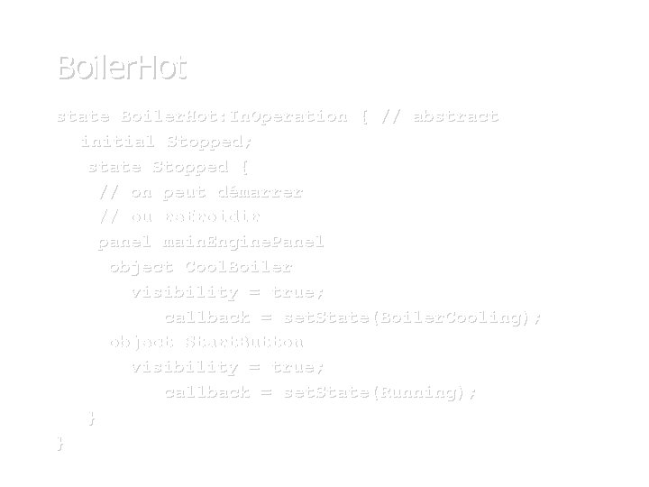 Boiler. Hot state Boiler. Hot: In. Operation { // abstract initial Stopped; state Stopped