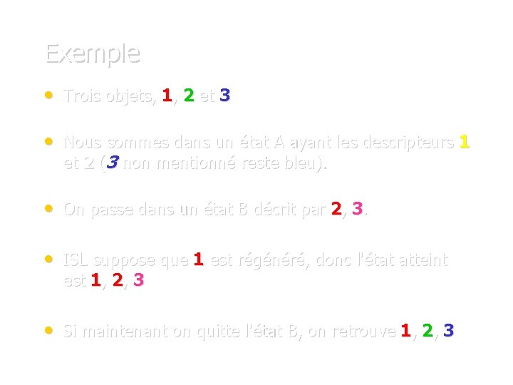 Exemple • Trois objets, 1, 2 et 3 • Nous sommes dans un état