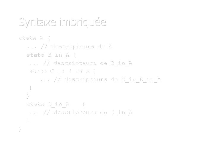 Syntaxe imbriquée state A {. . . // descripteurs de A state B_in_A {.