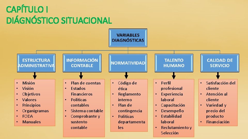 CAPÍTULO I DIÁGNÓSTICO SITUACIONAL • • Misión Visión Objetivos Valores Principios Organigramas FODA Manuales