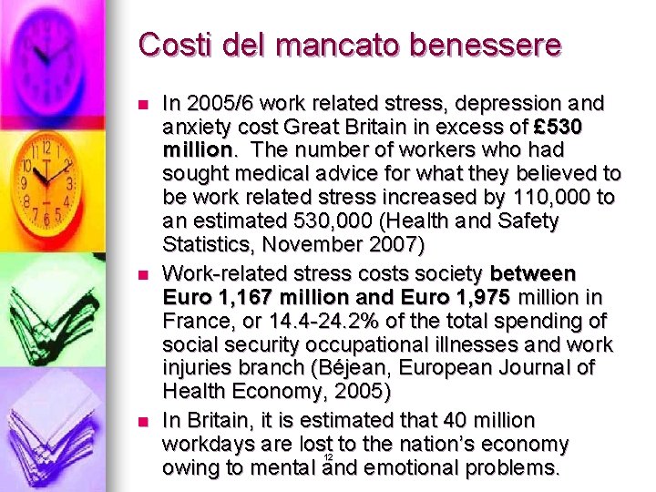 Costi del mancato benessere n n n In 2005/6 work related stress, depression and