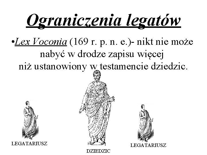 Ograniczenia legatów • Lex Voconia (169 r. p. n. e. )- nikt nie może