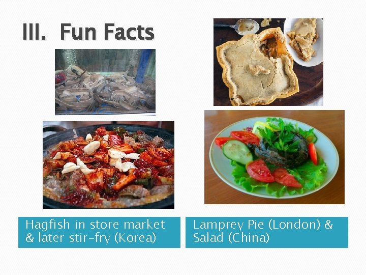 III. Fun Facts Hagfish in store market & later stir-fry (Korea) Lamprey Pie (London)