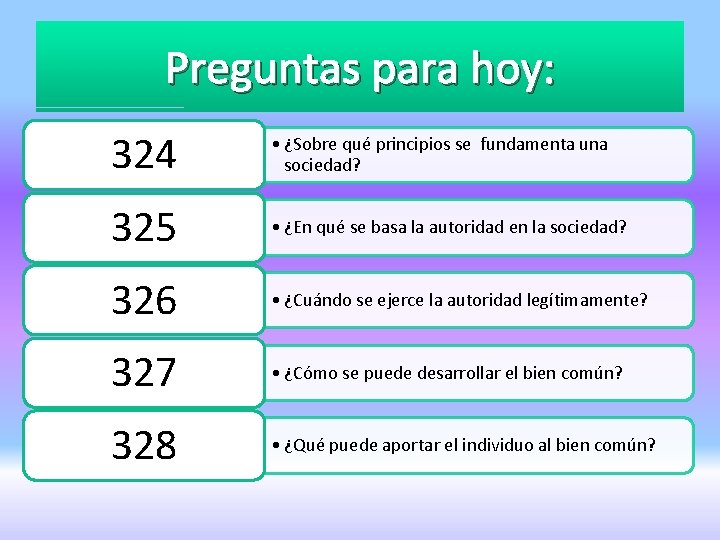 Preguntas para hoy: 324 • ¿Sobre qué principios se fundamenta una sociedad? 325 •