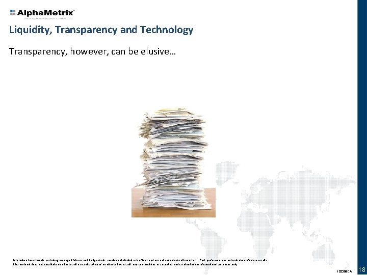 Liquidity, Transparency and Technology Transparency, however, can be elusive… Alternative Investments, including managed futures