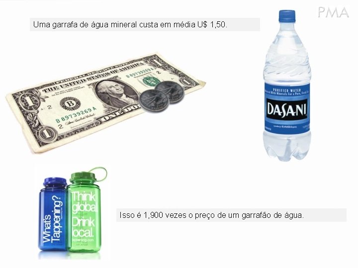 Uma garrafa de água mineral custa em média U$ 1, 50. Isso é 1,