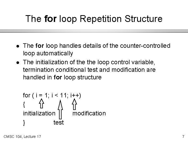 The for loop Repetition Structure l l The for loop handles details of the