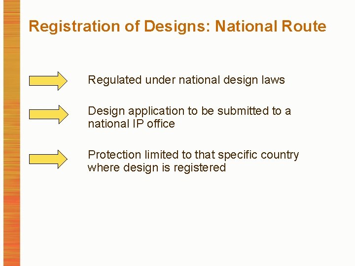 Registration of Designs: National Route Regulated under national design laws Design application to be