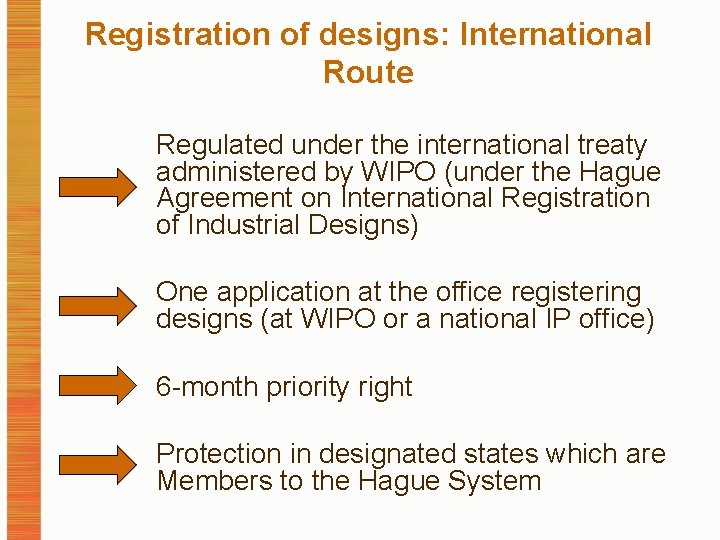 Registration of designs: International Route Regulated under the international treaty administered by WIPO (under