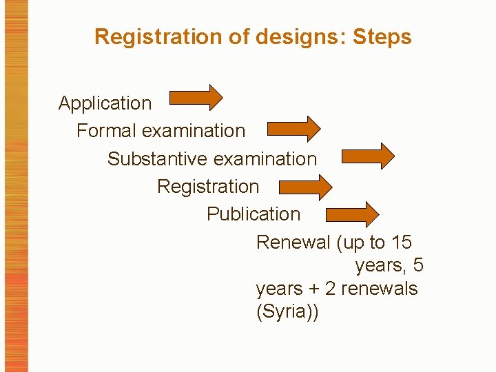 Registration of designs: Steps Application Formal examination Substantive examination Registration Publication Renewal (up to