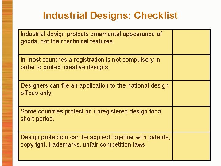 Industrial Designs: Checklist Industrial design protects ornamental appearance of goods, not their technical features.