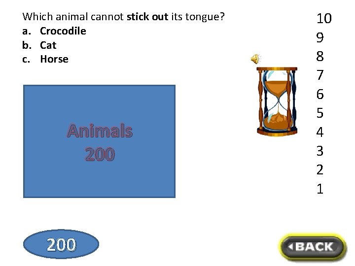 Which animal cannot stick out its tongue? a. Crocodile b. Cat c. Horse Crocodile