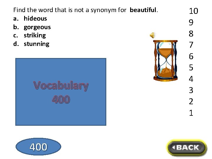 Find the word that is not a synonym for beautiful. a. hideous b. gorgeous